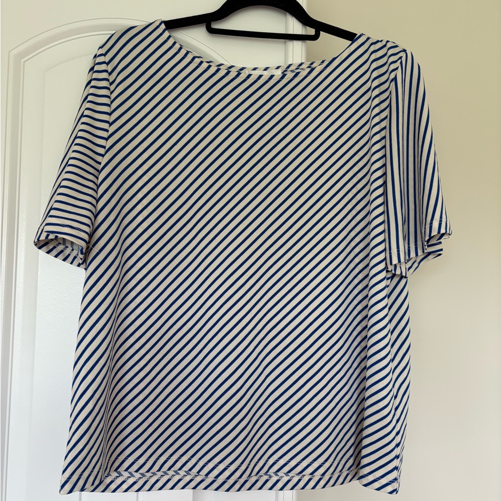 Navy Blue and White Diagonal Striped Women's Top with Flounce Sleeve